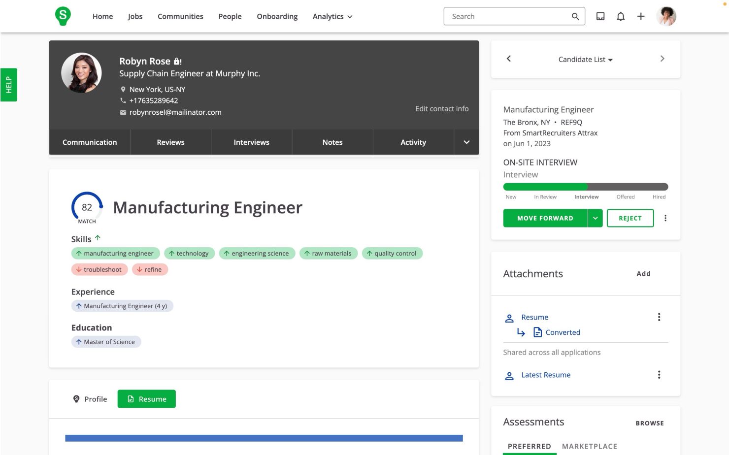 Candidate Profile with SmartAssistant AI-powered skills-based matching